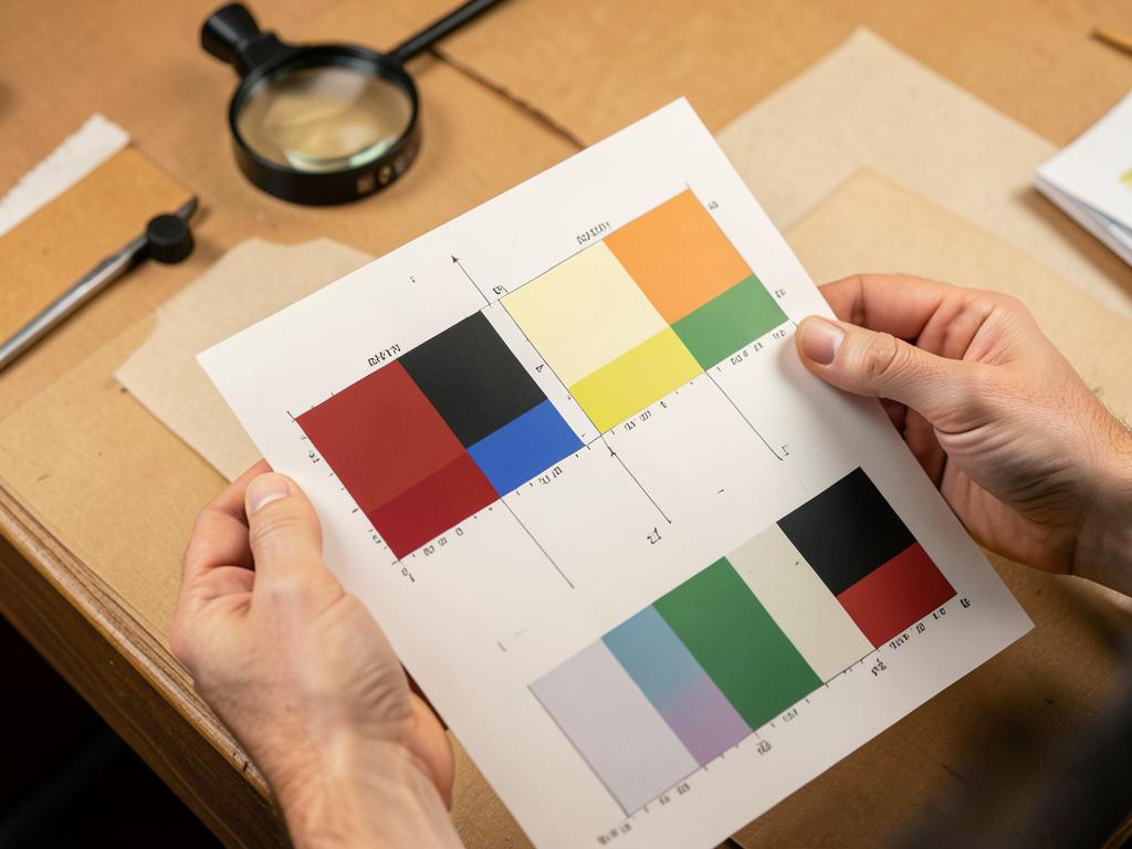 Hands holding a colour proof sheet with registration marks over a paper desk